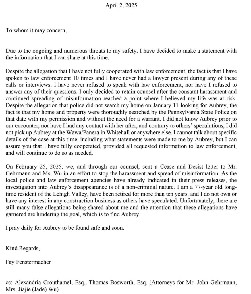 fay fenstermacher statement released april 2 2025 aubrey wu missing teen easton pa