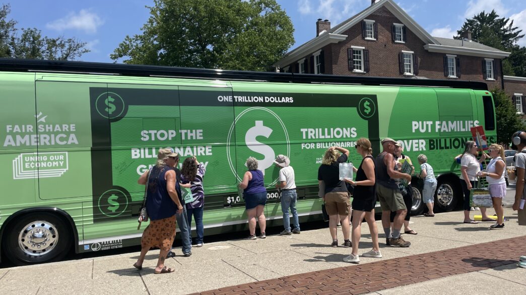 stop the billionaire giveaway bus tour