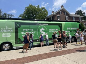 stop the billionaire giveaway bus tour