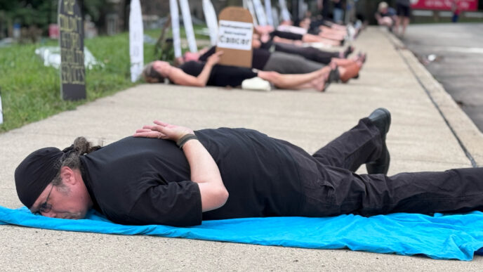 bethlehem die in protest laying on ground medicare medicaid federal cuts big beautiful bill ryan mackenzie