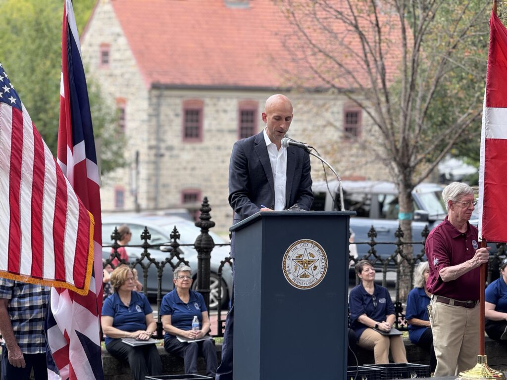 bethlehem mayor j william reynold speaking at unesco celebration september 6 2025