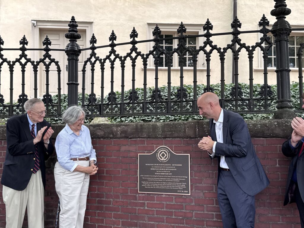 bethlehem unesco world heritage plaque at moravian central church on main street