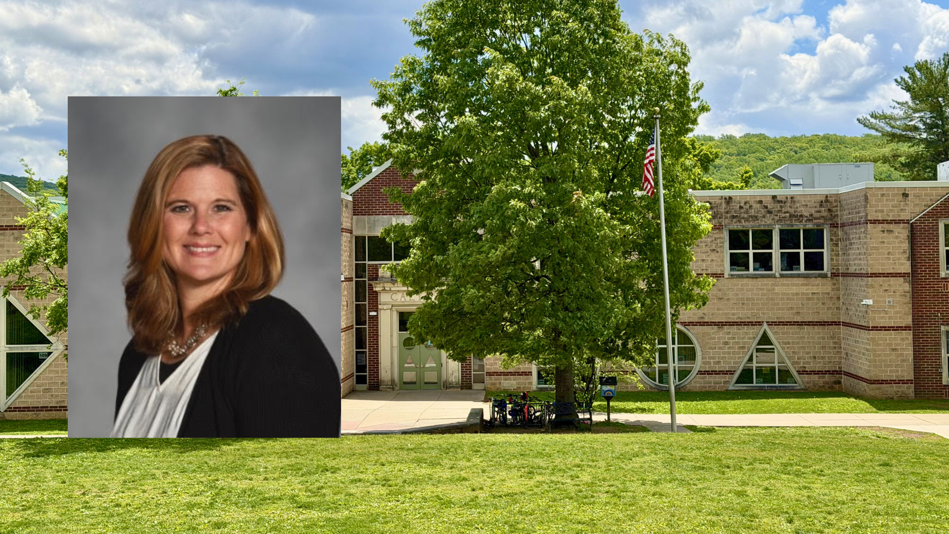 headshot of jennifer cierech, a woman with shoulder-length auburn hair wearing a black cardigan and white top, layered over a photo of calypso elementary school's brick entrance with a large tree and american flag in front
